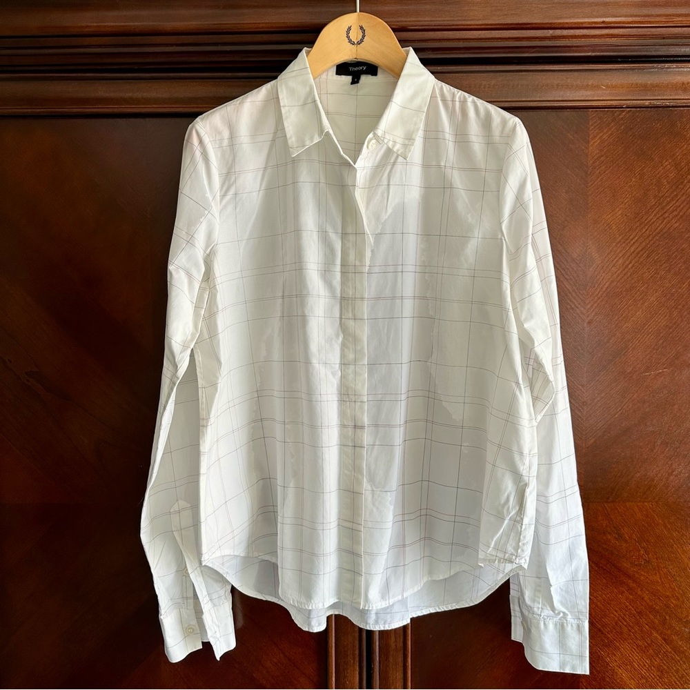 Theory- White Windowpane Plaid Button Up Shirt - image 1